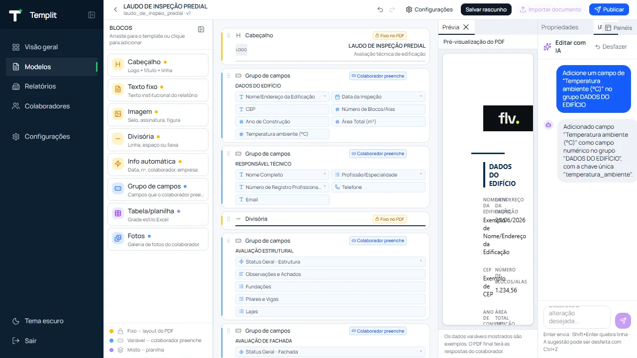 Editor de templates do Templit com prévia do PDF